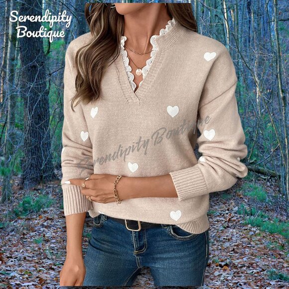 Sweaters - Boho Done Preppy Style Oversized Drop Shoulder Lace Accent Long Sleeve Sweater.